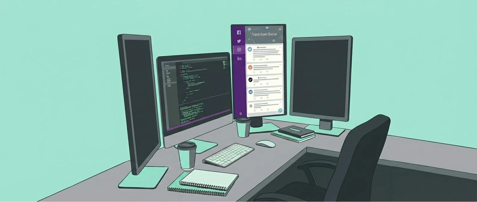 Image of 4 computer monitors on a desk. One monitor shows code and another shows a social media feed.