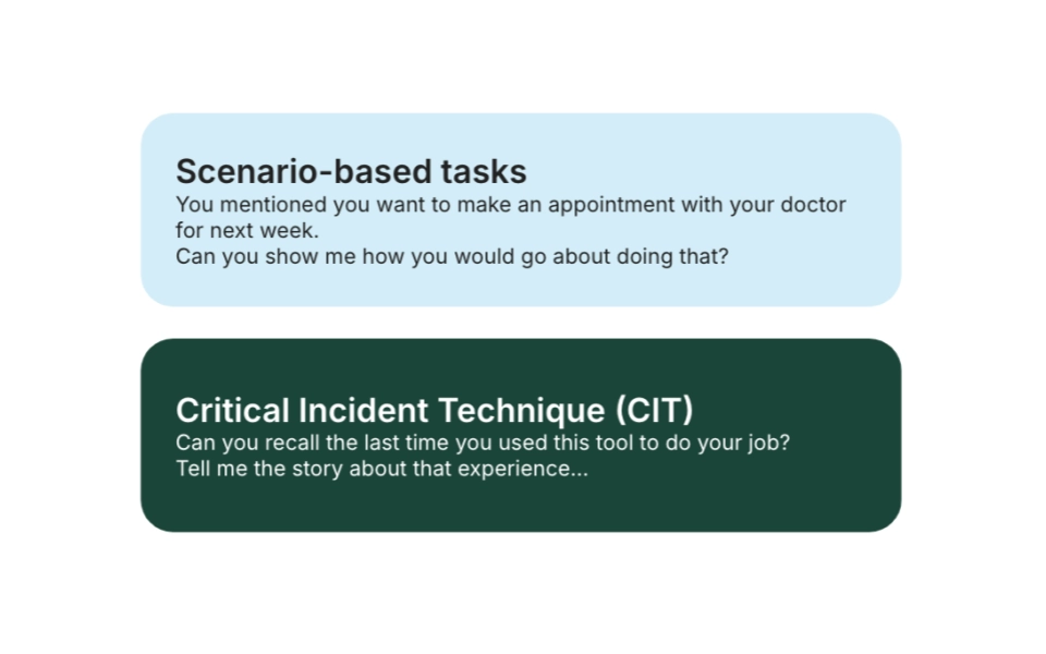 A diagram explaining the difference between scenario based tasks and critical incident technique: Scenario based tasks eg: you mentioned you want to make an appointment at your doctor for next week, show me how you do that. Critical incident eg: Can you recall the last time you used this tool to do your job. Tell me the story of that experience. 
