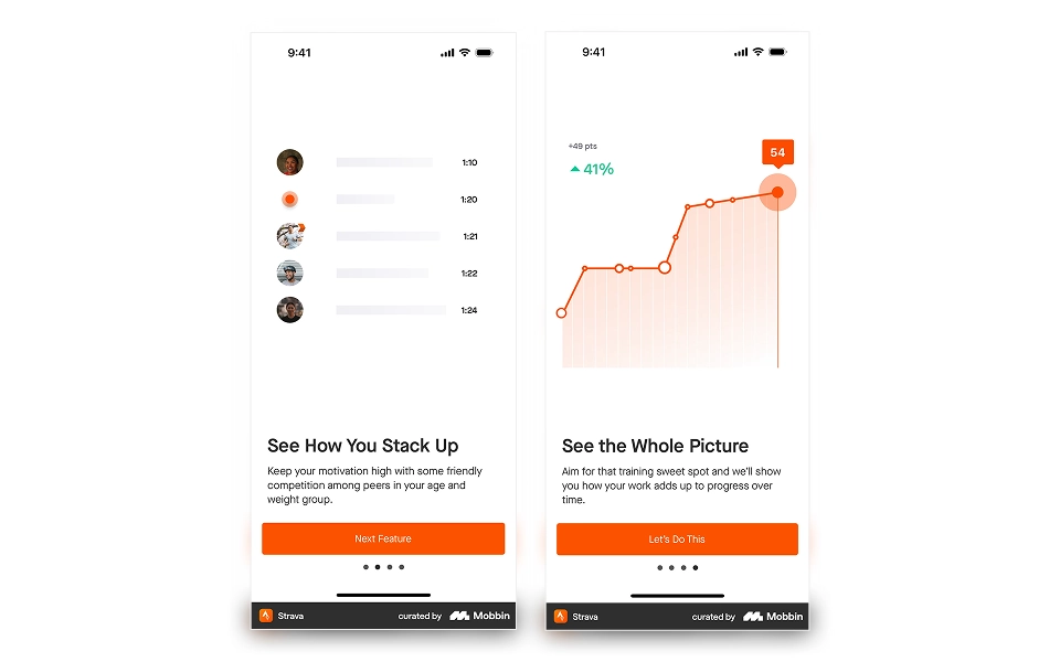 2 mobile phone screens showing different UI views from the strava app comparing the user's running performance to their peers