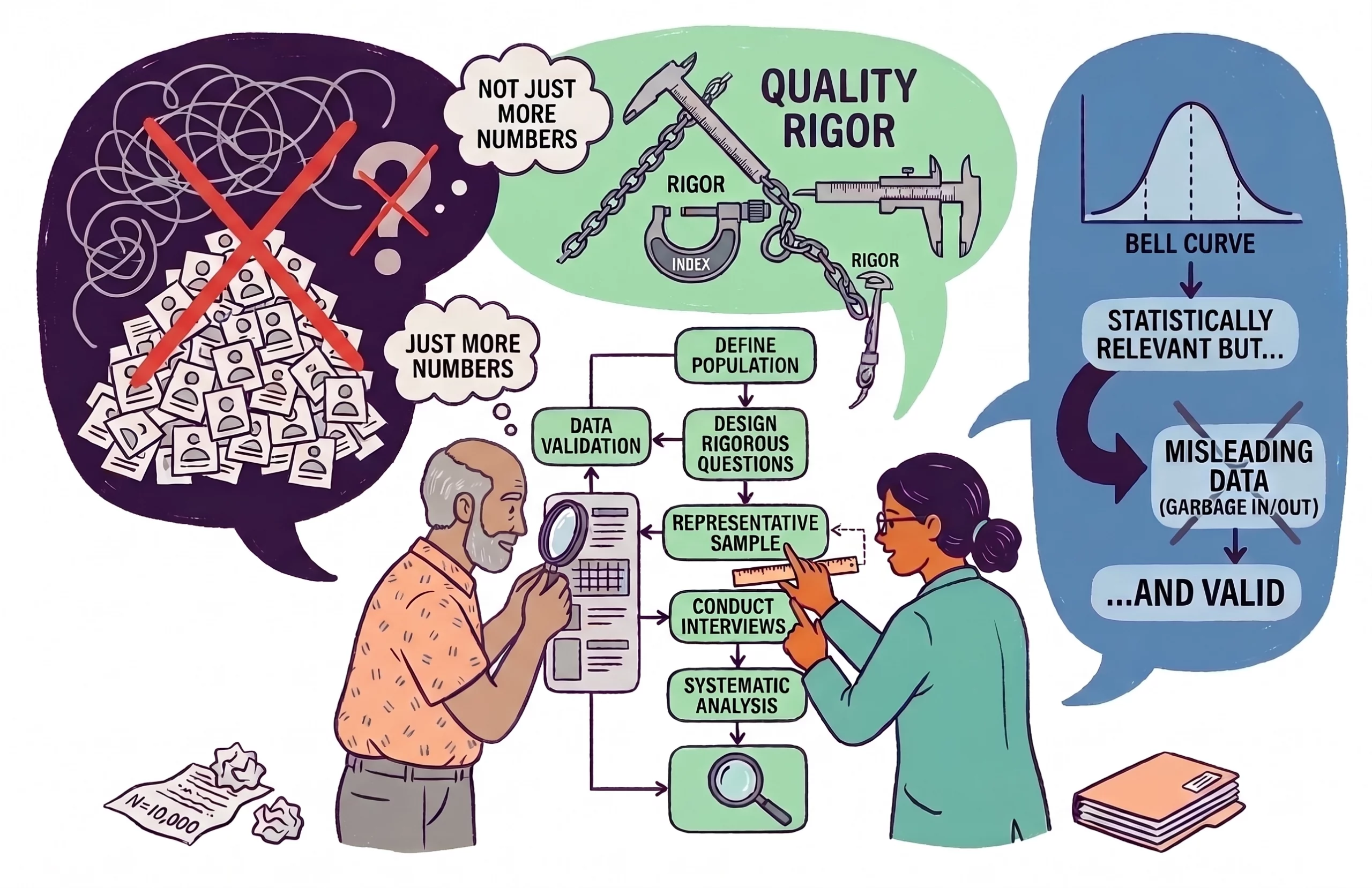 Two researchers review data and a flowchart about quality, rigor, and data validation in a graphic infographic.